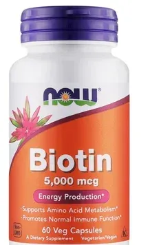 NOW Foods Biotin 5000 mcg, Біотин · 60 рослинних капсул